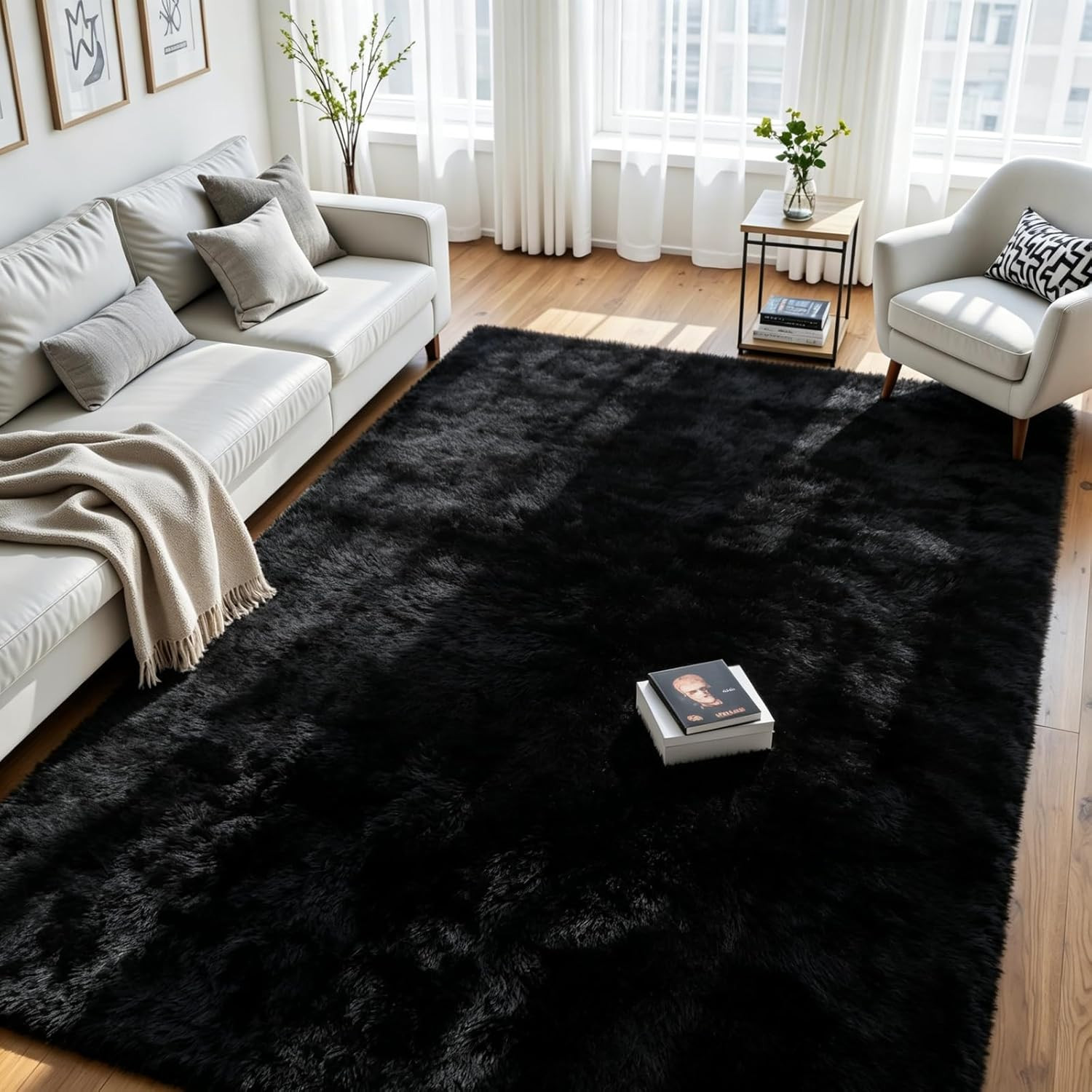 8X10 Area Rug for Living Room, Ultra Soft Fluffy Black Rugs for Bedroom, Non Sli