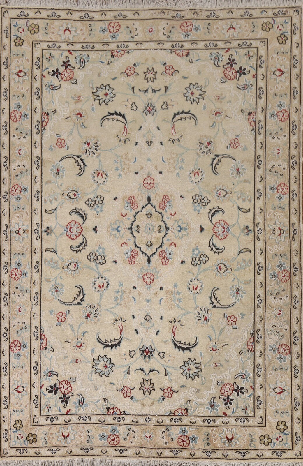 Vintage Floral Beige Traditional nain Area Rug 4’x6′ Wool Hand-knotted Carpet