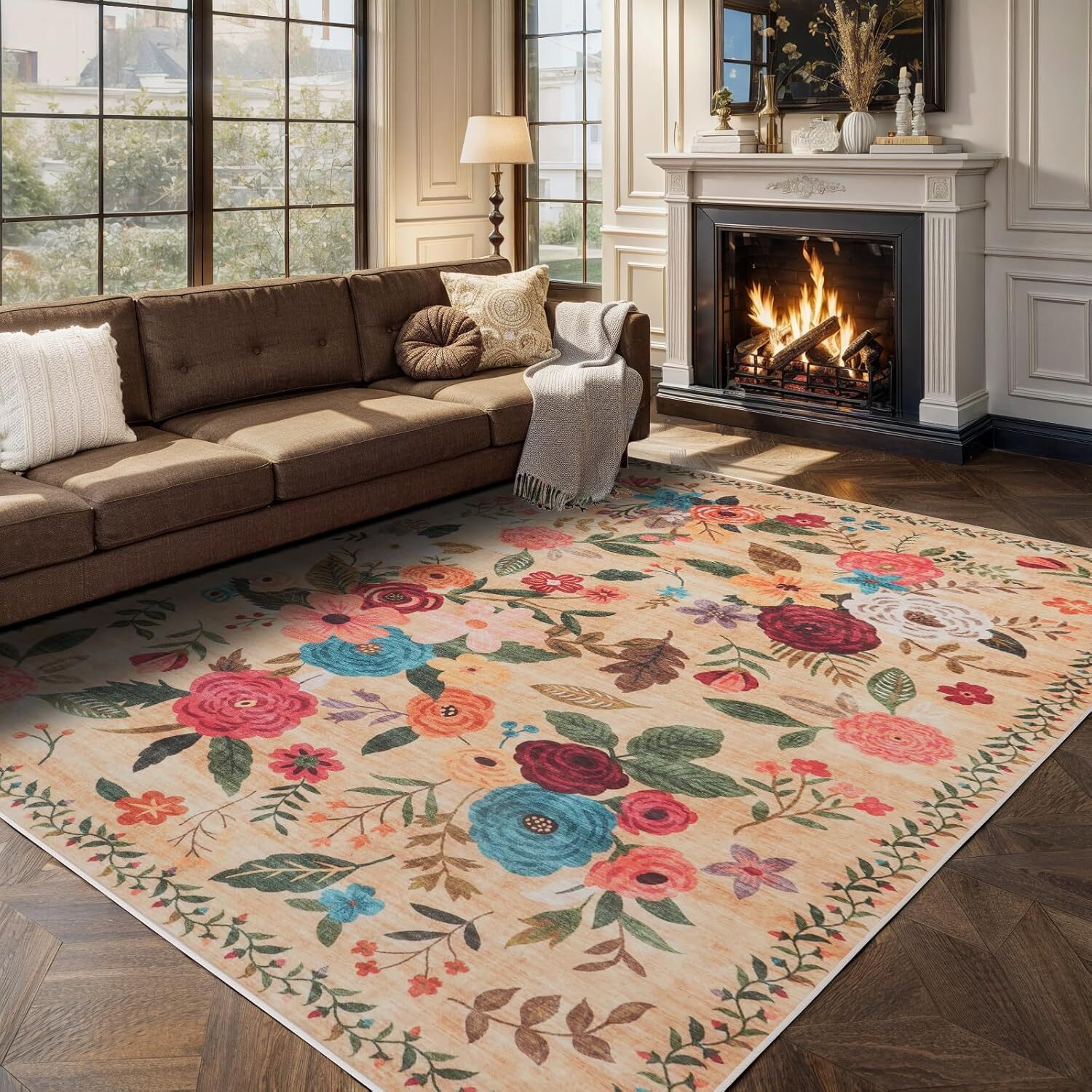 4×6 Washable Boho Floral Area Rug Non Slip Low Pile Green Carpet for Bedroom