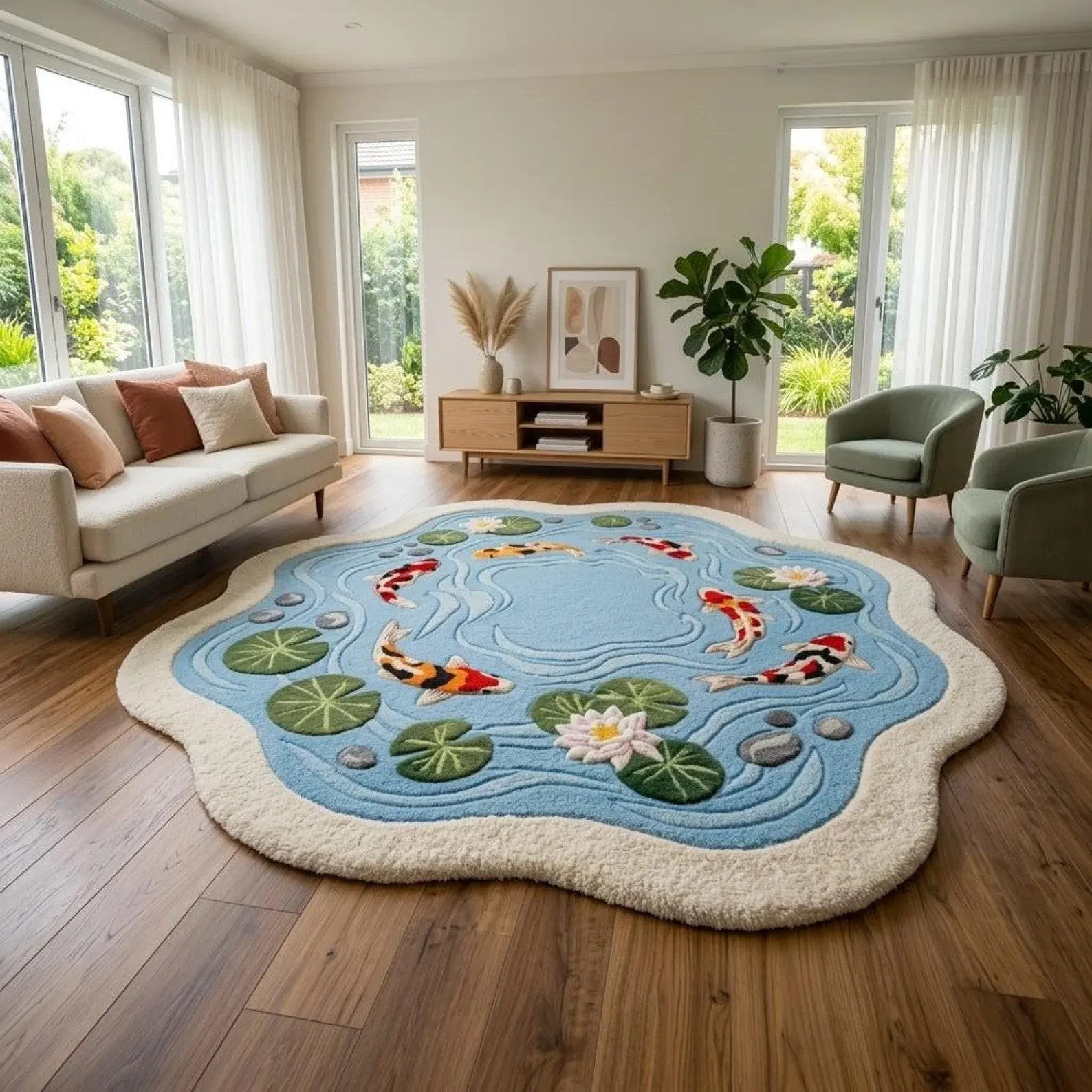Koi Fish Pond Round Area Rug Scalloped Water Lily Tufted Carpet Living Room Mat