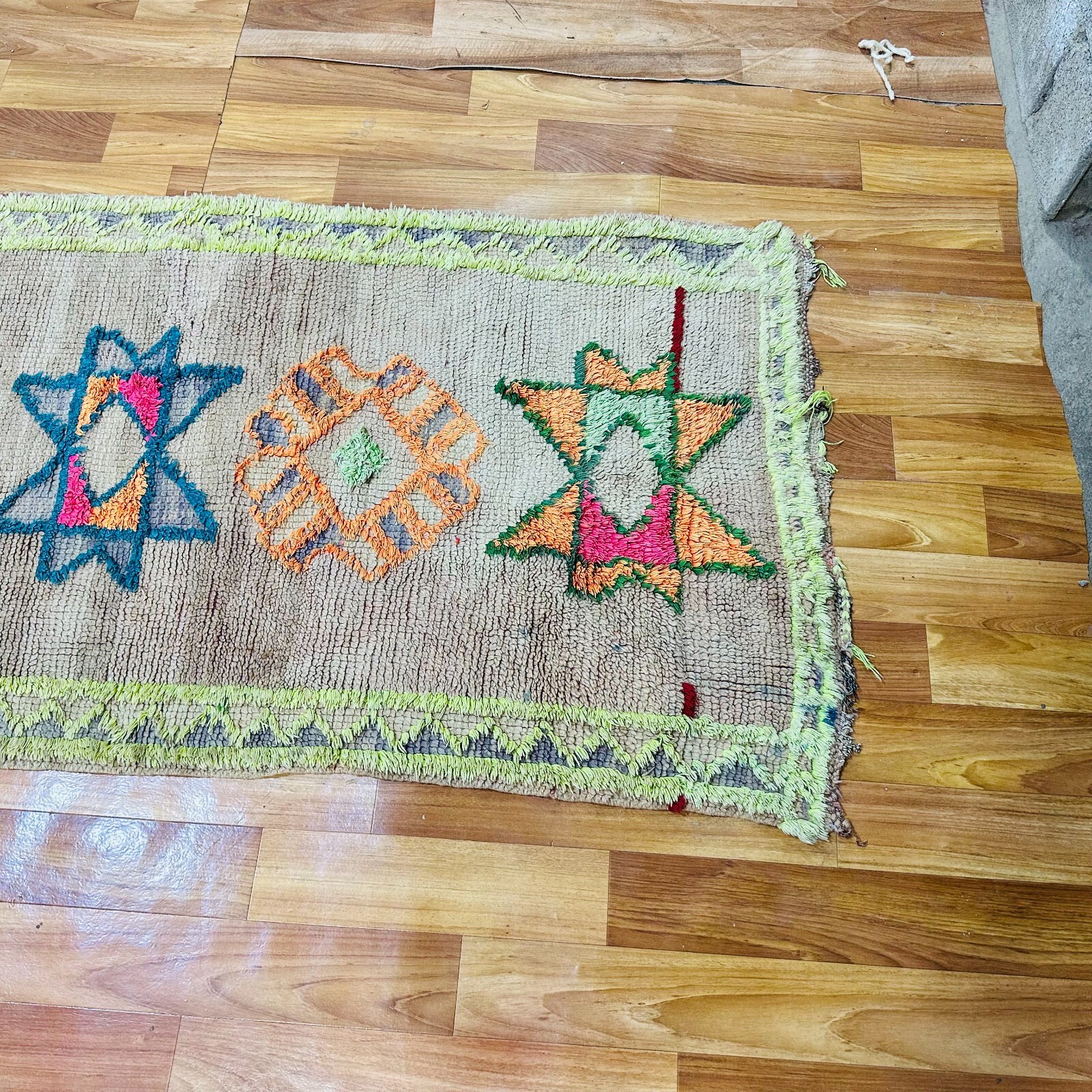 Bohemian Moroccan Shag Runner 32×126 in – Handmade Wool – Star Design Neon Accen