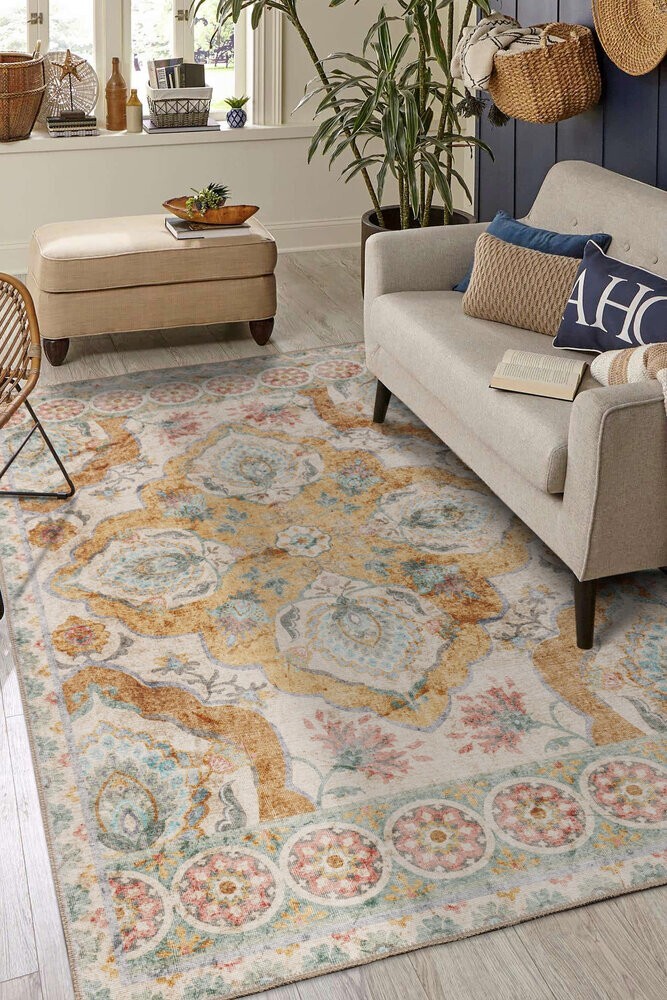 Vintage Patterned Turkish Woven Rug with Decorative Colorful Accents