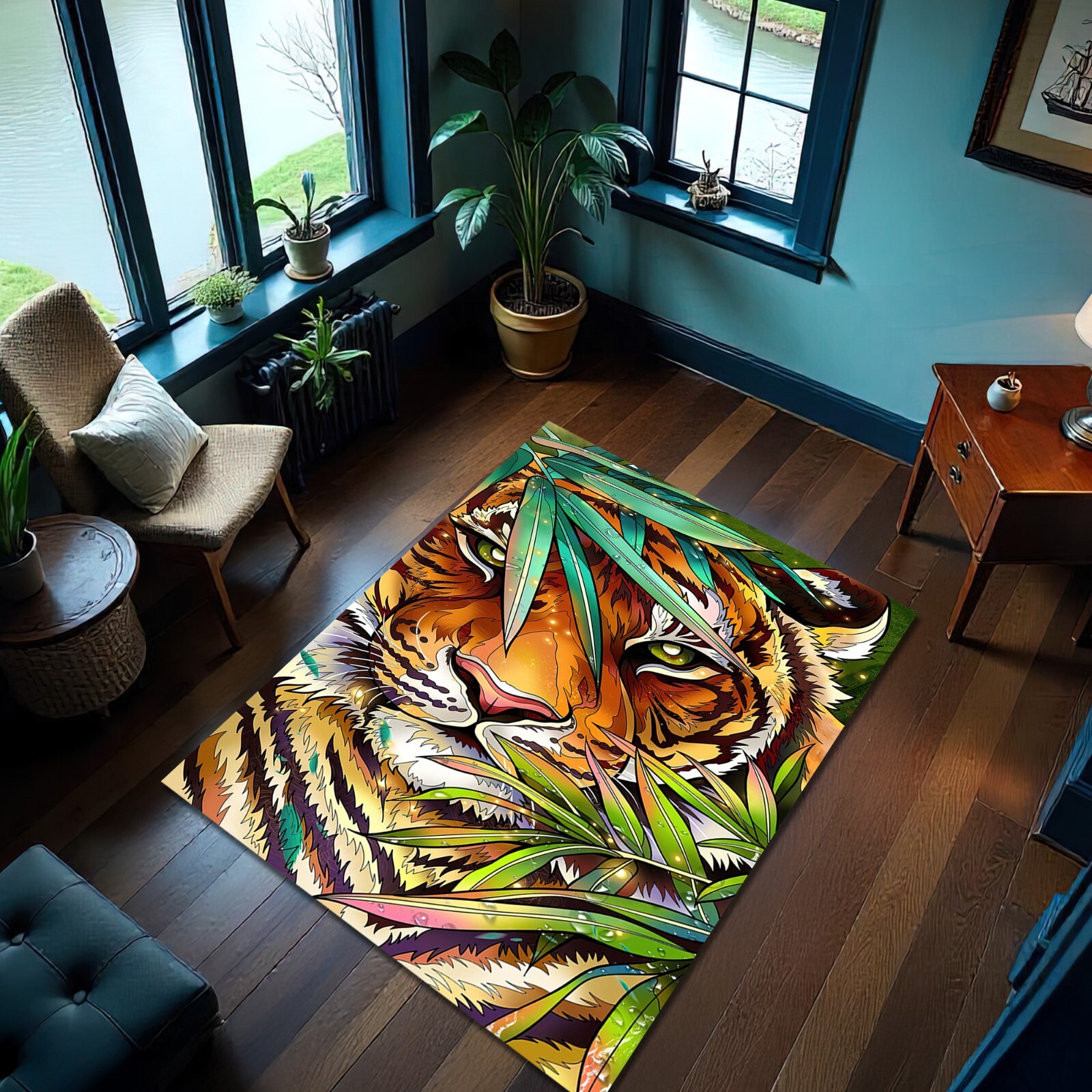 Tropical Rug Tiger Carpet Palm Leaf Safari Forest Mat Hawaiian Decor