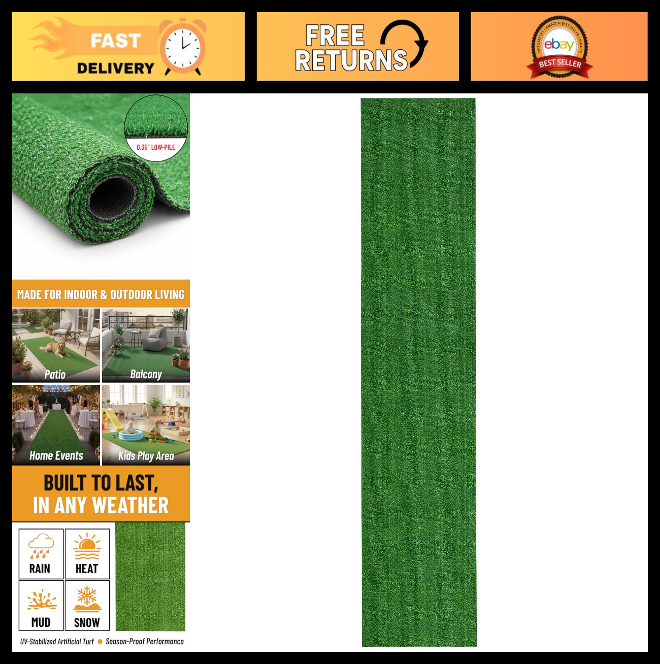 Waterproof Outdoor Runner Rug 2’7″ x 10′ – Astro Turf with Drainage Holes, Easy-
