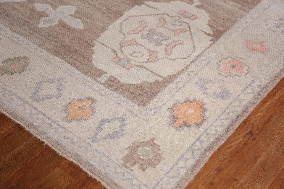Hand-Knotted Wool Rug Brown & Pastel Medallion Carpet