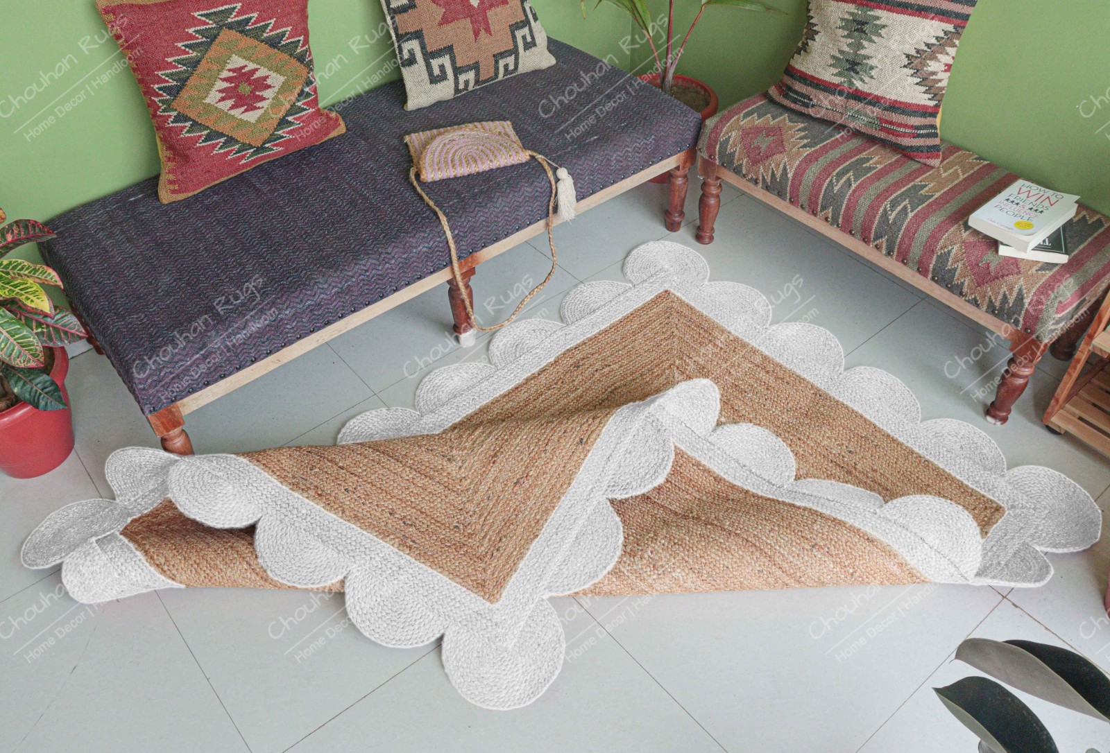 Hand Braided Scalloped Jute Rug Beige & White Border For Home Décor Living Room
