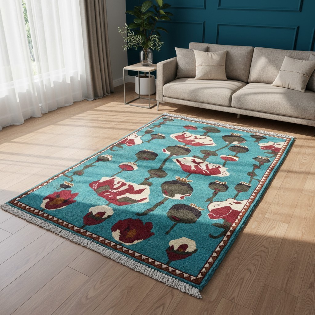 2’8 x 4 Ft Vibrant Afghan Floral Rug Turquoise Field Handmade Wool Carpet Bold