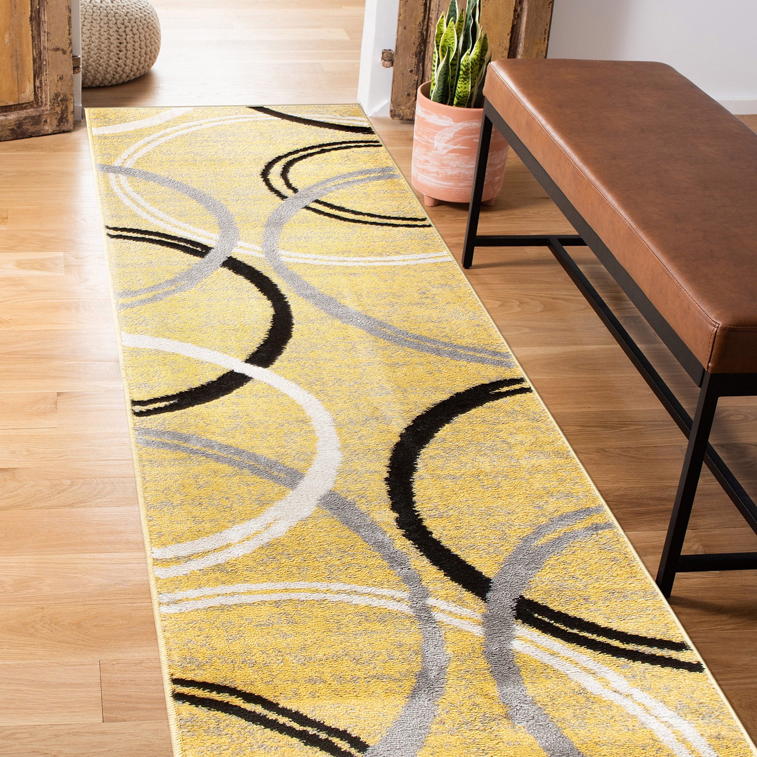 Rugshop Kitchen Rugs Contemporary Abstract Circles Design Yellow Runner Rugs 2×7