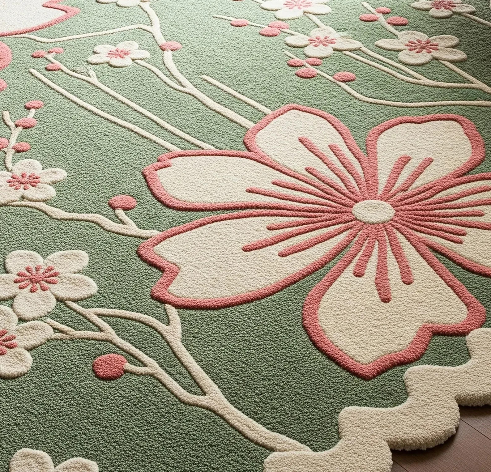 Sage Green Hand Tufted Wool Rug, Traditional Cream Blush Pink Floral Scalloped A