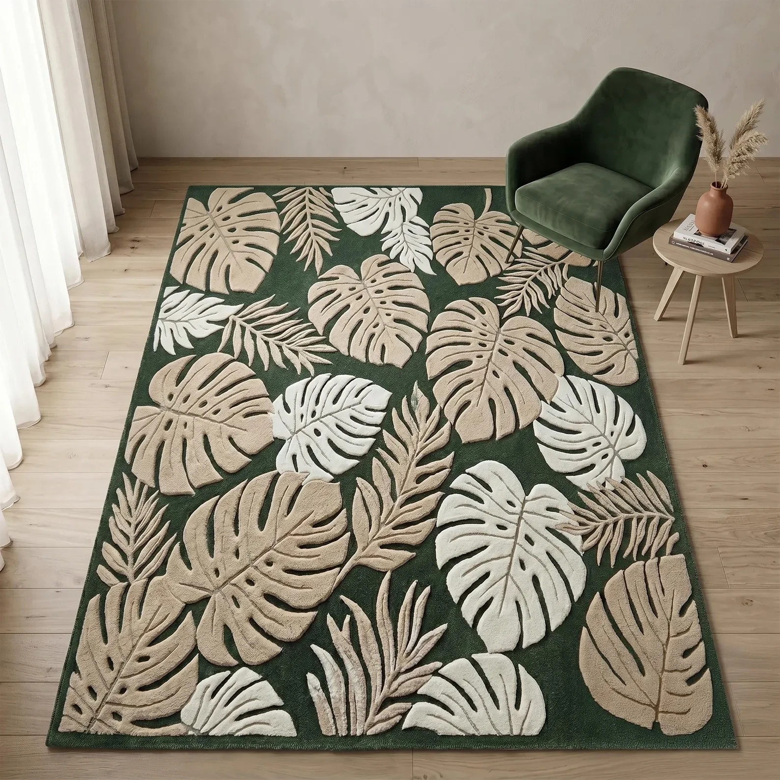 MODERN Botanical Area Rug Green Monstera Leaf Boho 8×10 Living Room Minimalist