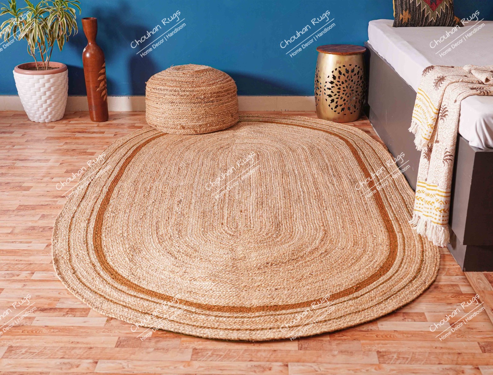 Natural With Orange Border Custom Size 5×8 Ft Hand Braided Oval Jute Area Rug