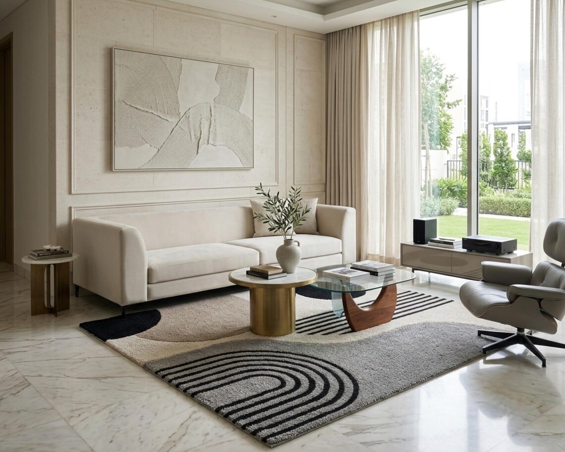 Hand Tufted Wool Rug, Modern Abstract Geometric Design Neutral Minimalist Carpet