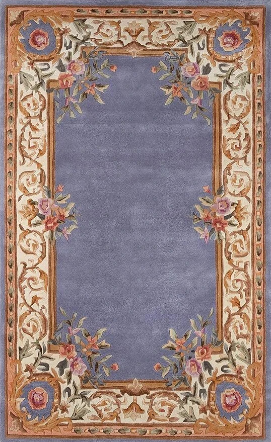 Hand‑Tufted Wool Area Rug Elegant Purple Aubusson Floral for Living Room Carpet