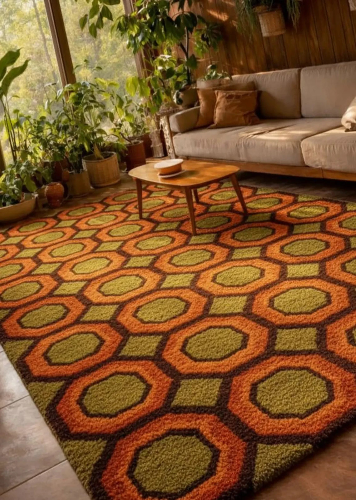 Hand Tufted Mid Century Modern Rug – 70s Hexagon Pattern, Burnt Orange & Green