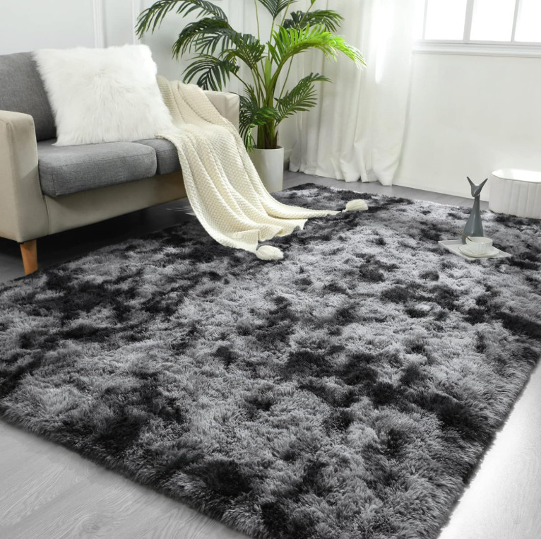 Large Area Rugs for Living Room, 4X6 Feet Tie-Dyed Dark Grey Shaggy Rug Fluffly
