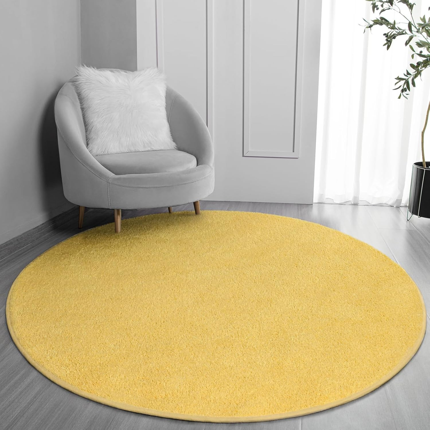 round Area Rugs for Bedroom Living Room, 4X4 Yellow Super Soft Comfy
