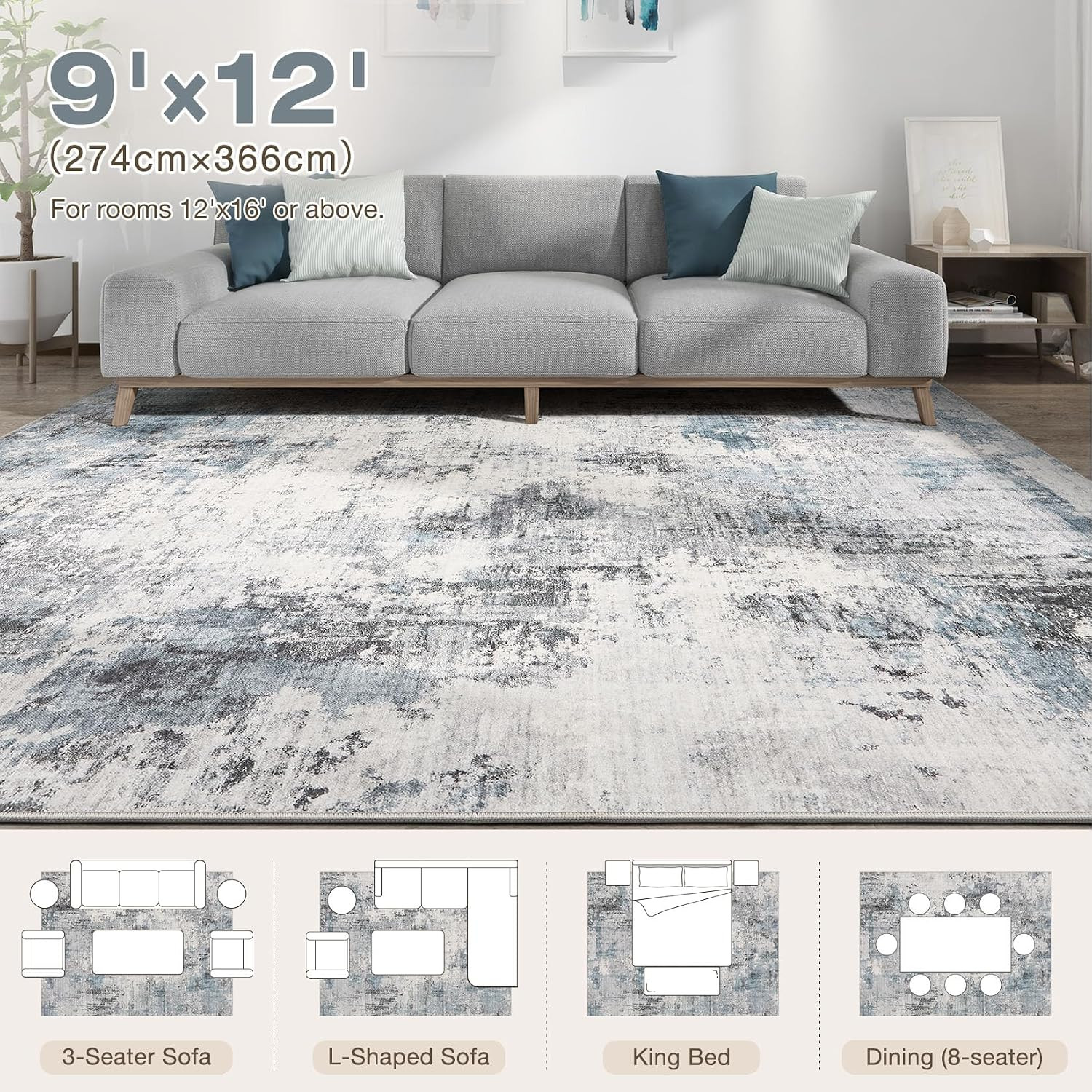 Abstract 9X12 Area Rug: Machine Washable Non Slip Ultra Thin Low-Pile Carpet, So