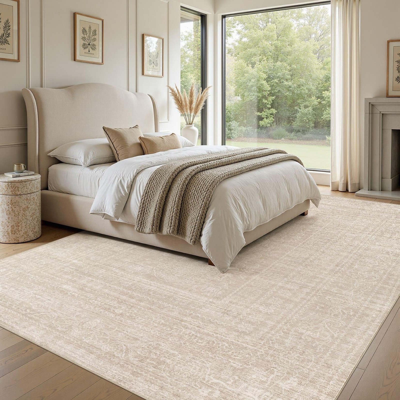 Area Rug 8×10 Washable Soft Non-Slip Vintage Beige – Stain Resistant Indoor