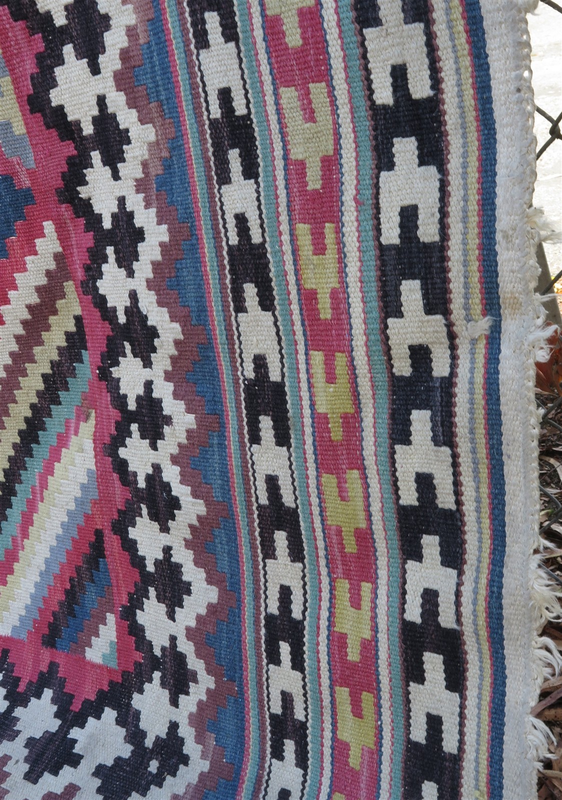 Vintage Handmade Turkish Kilim Area Rug in Blue, Pink, Purple & Brown 101″ x 67″
