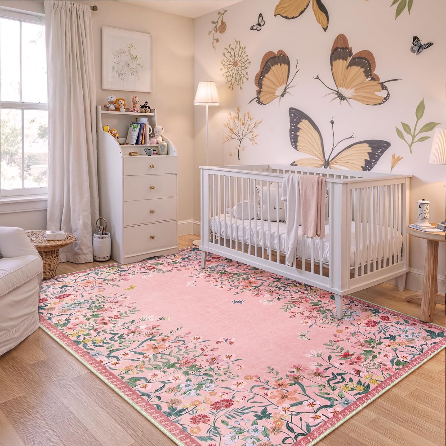 Wonnitar 5×7 Pink Washable Rug – Non-Slip Floral Area Rug for Bedroom