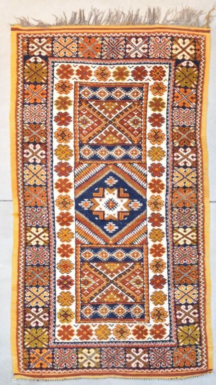 Oriental Area Rug Vintage Moroccan 3’9″” X 6’8” #8142 Gold, Red, Ivory, Brown