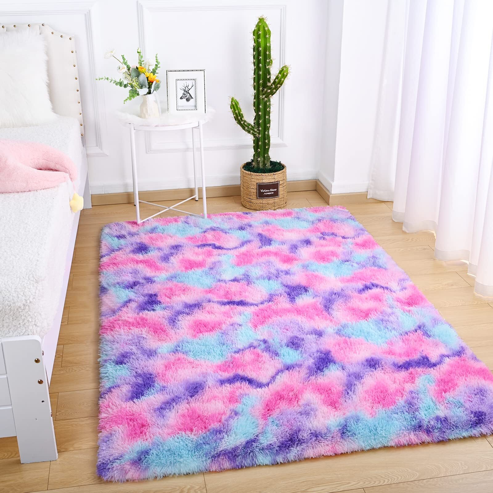 Soft Fluffy Rainbow Area Rug Ideal for Girls’ Bedrooms Hot Pink 4×6 Feet