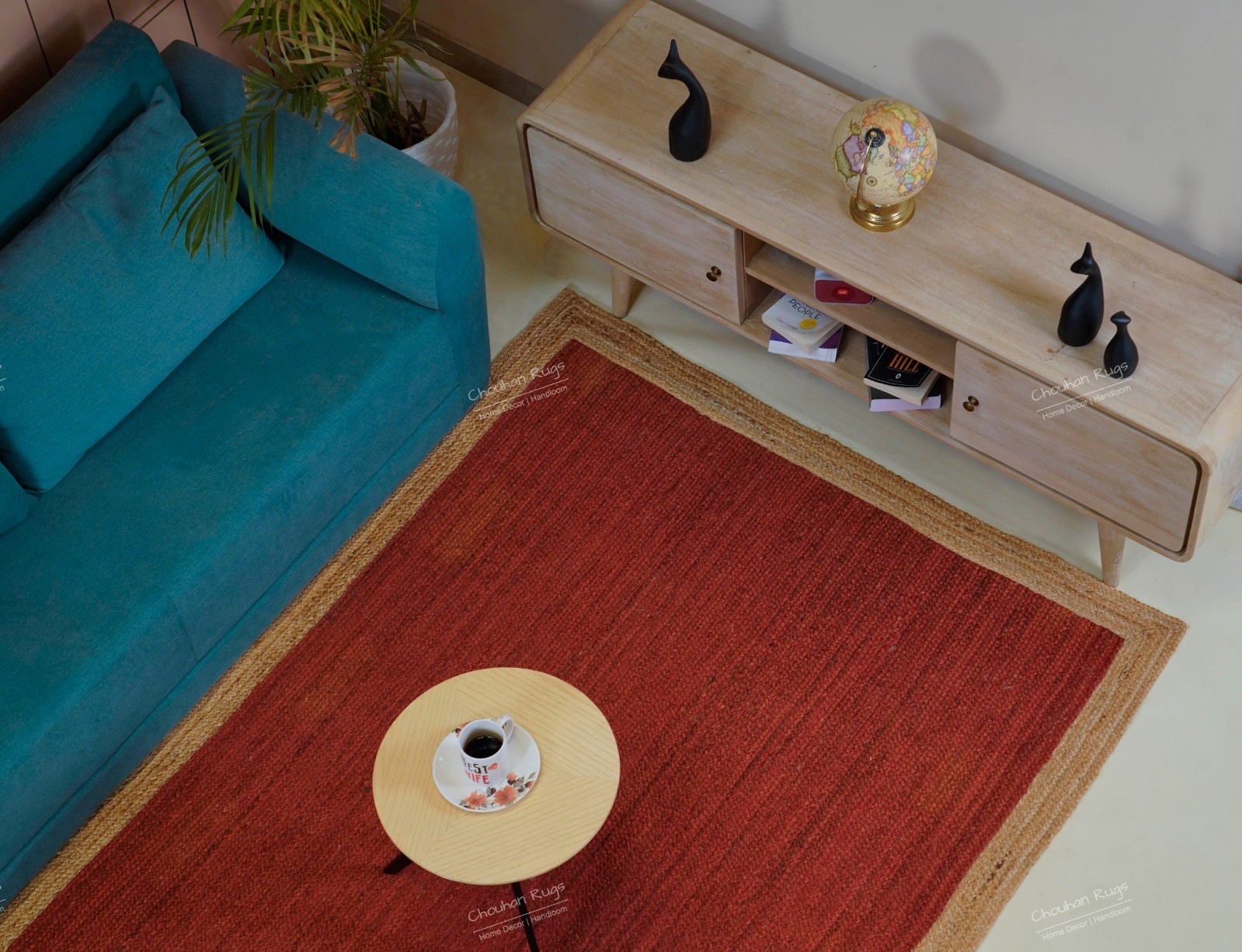 Traditional handmade jute rug solid red with beige border Area Rugs for home