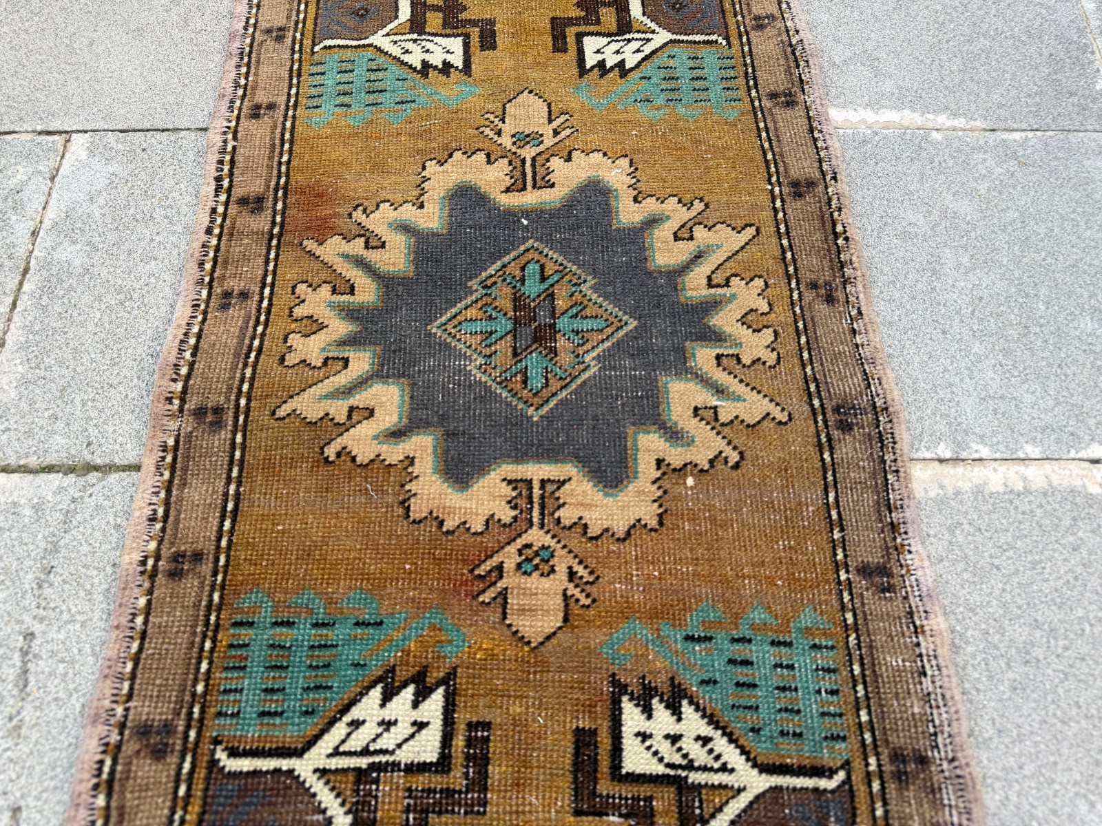 Vintage Turkish Rug 1.7×3.6 ft Tobacco Brown Charcoal Boho Accent Rug