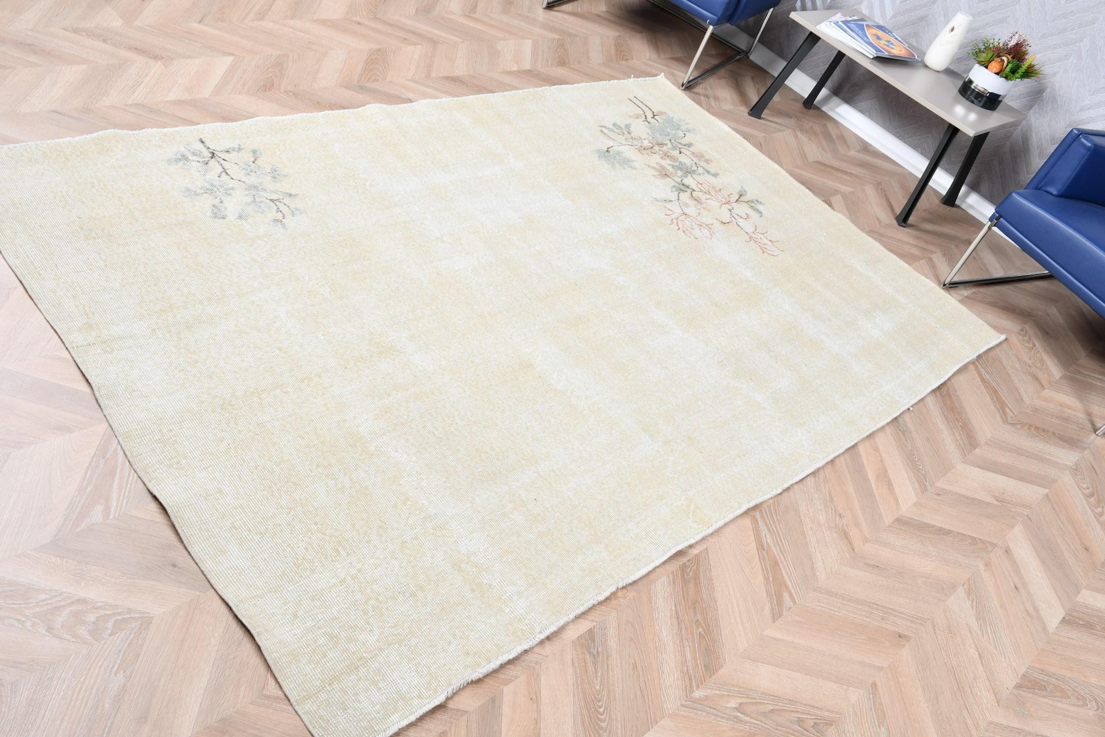 Rug, 8,1×5,2 ft Vintage Rug, White Patchwork Rug Wool