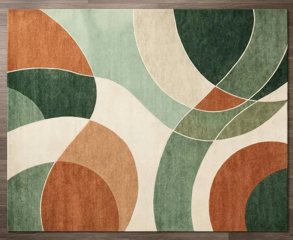Luxuriously soft wool Abstract Geometric Rug, Arched Curved Pattern, Green Rug.