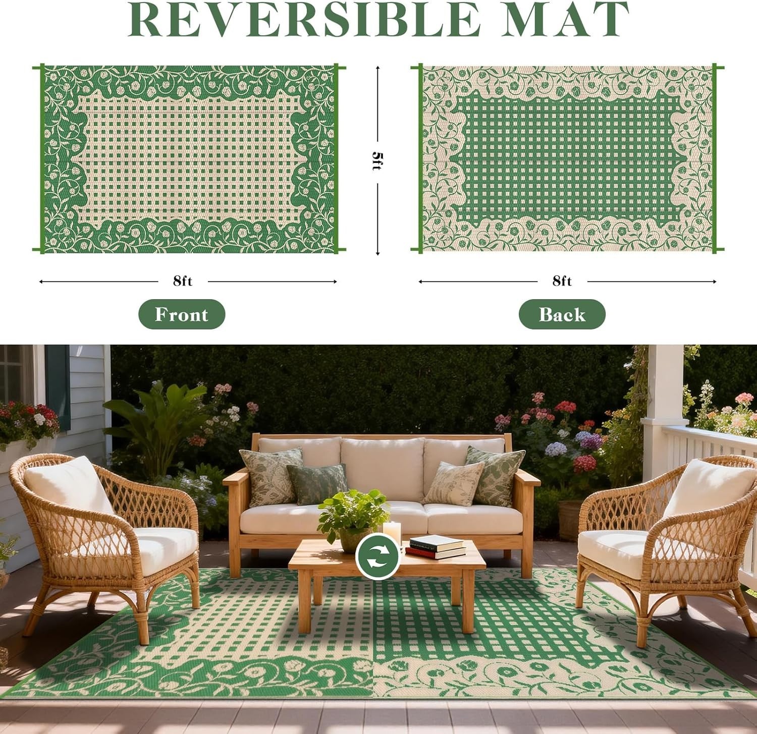 Plastic Straw Rugs 5×8 Floral Reversible Waterproof Patio Camping Picnic Carpet