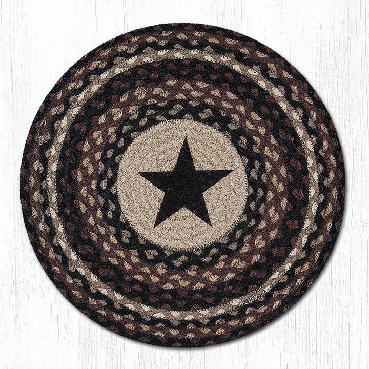 2 PC Braided Jute Round Stenciled Placemat/Trivet/Swatch. Earth Rugs. BLACK STAR