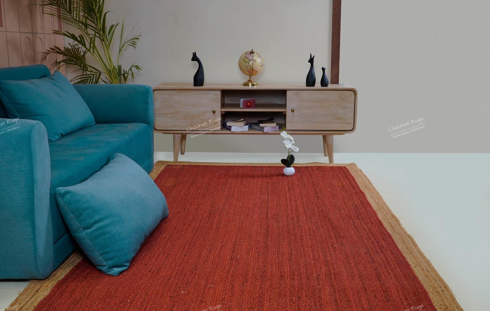 Traditional handmade jute rug solid red with beige border Area Rugs for home