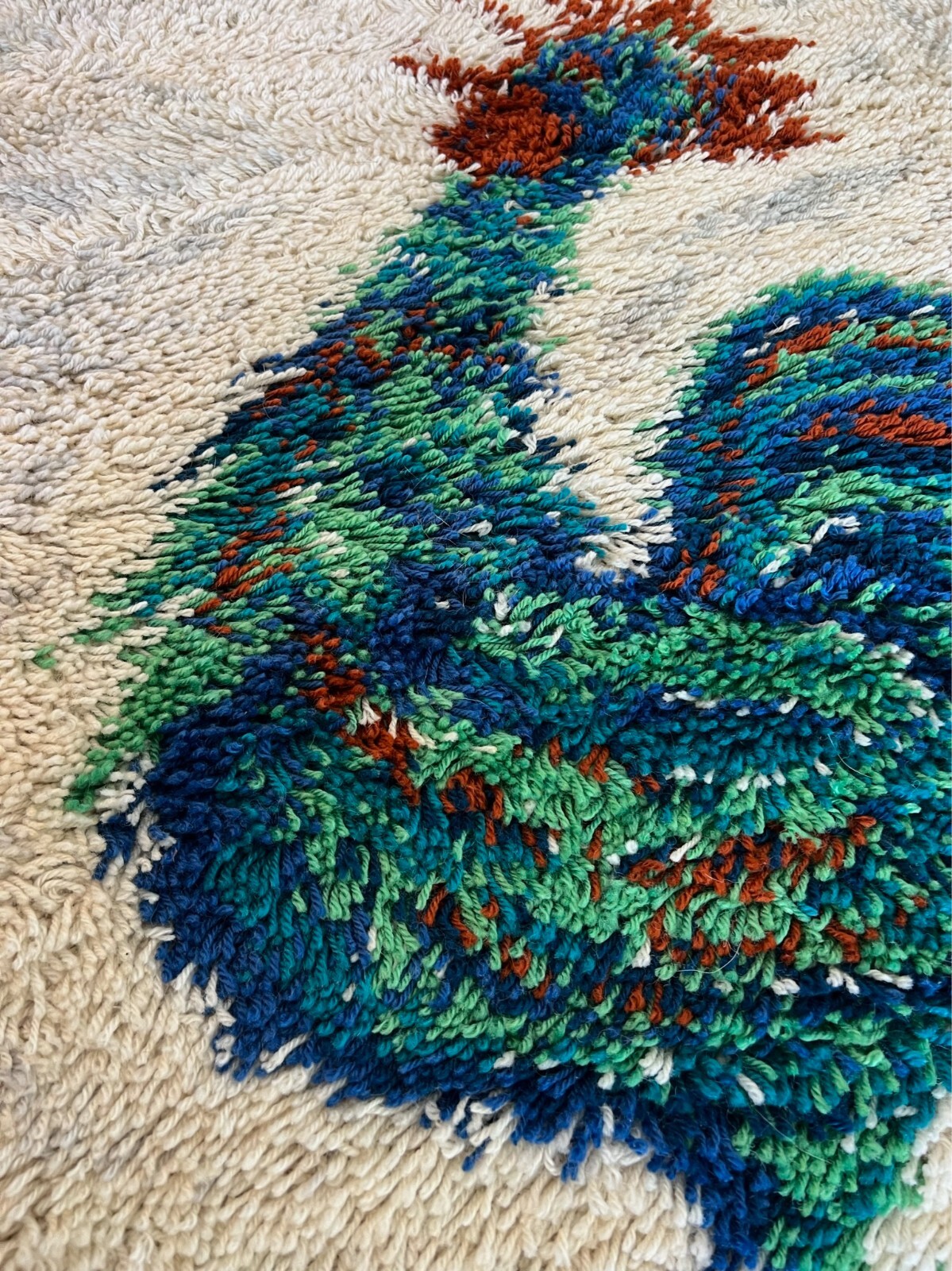 1960’s AIDA Rooster Cock Off White UNUSED Mid Century Rya Rug Modern Wool