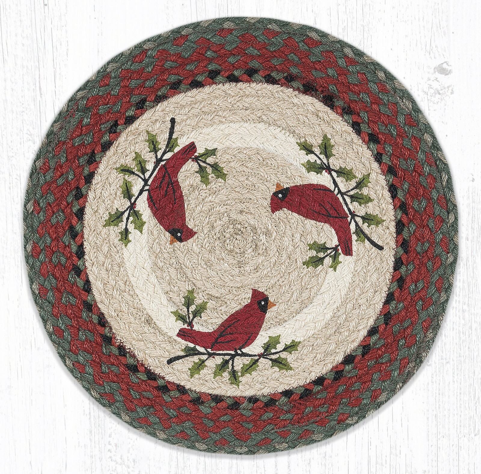 2 Braided Jute Round Stenciled Placemat/Trivet/Swatch.Earth Rugs. HOLLY CARDINAL