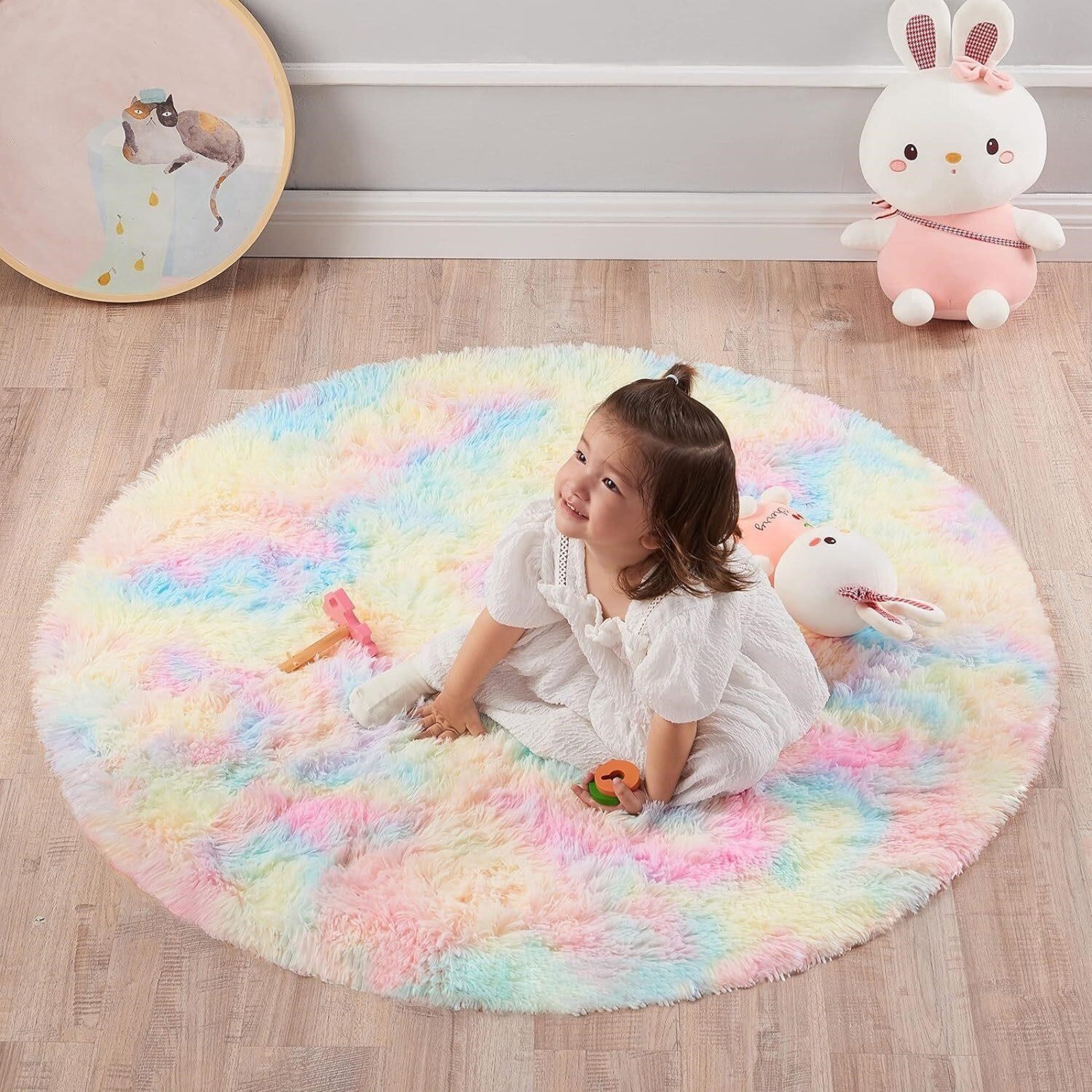 KLUCKIN Round Rainbow Rug, 4ft Fluffy Shag Rug