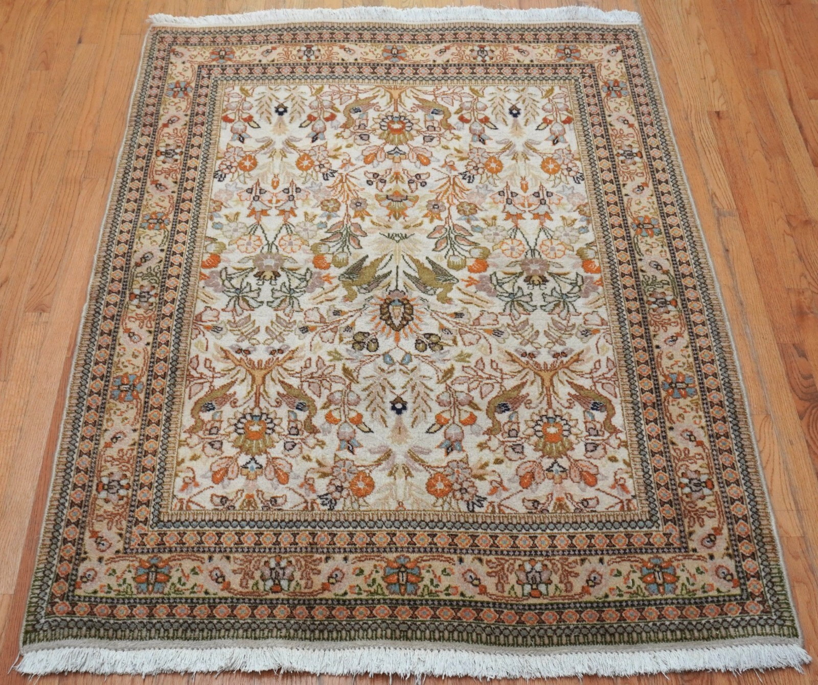 Exquisite Antique Taba Tabrizz 4’9″ x 6′ Birds Hand Knotted Wool Rug