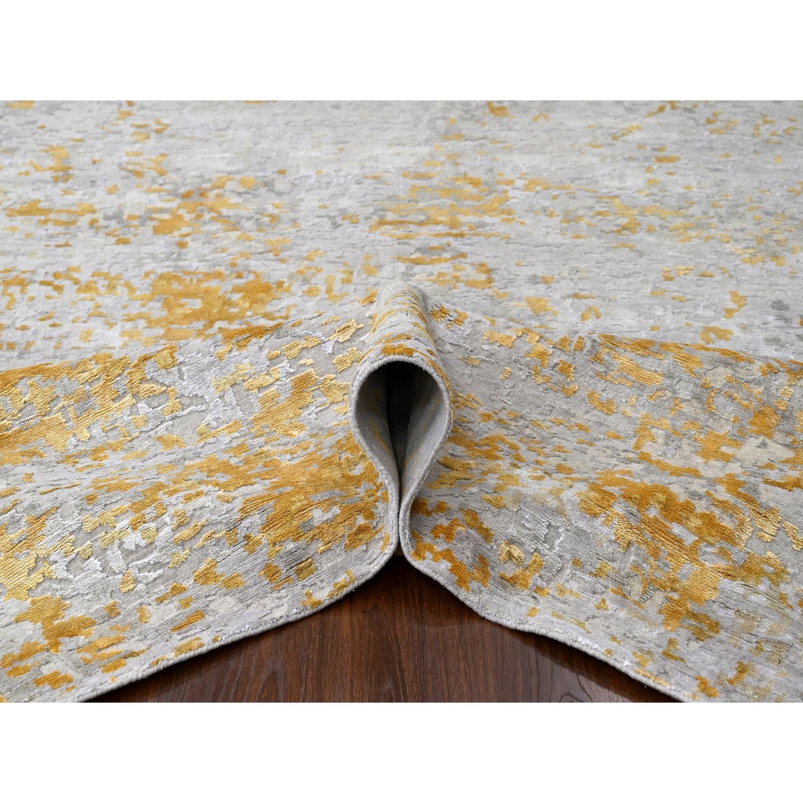 12’x14’9″ Beige Abstract Design Wool and Silk Hand Knotted Oversized Rug R10208