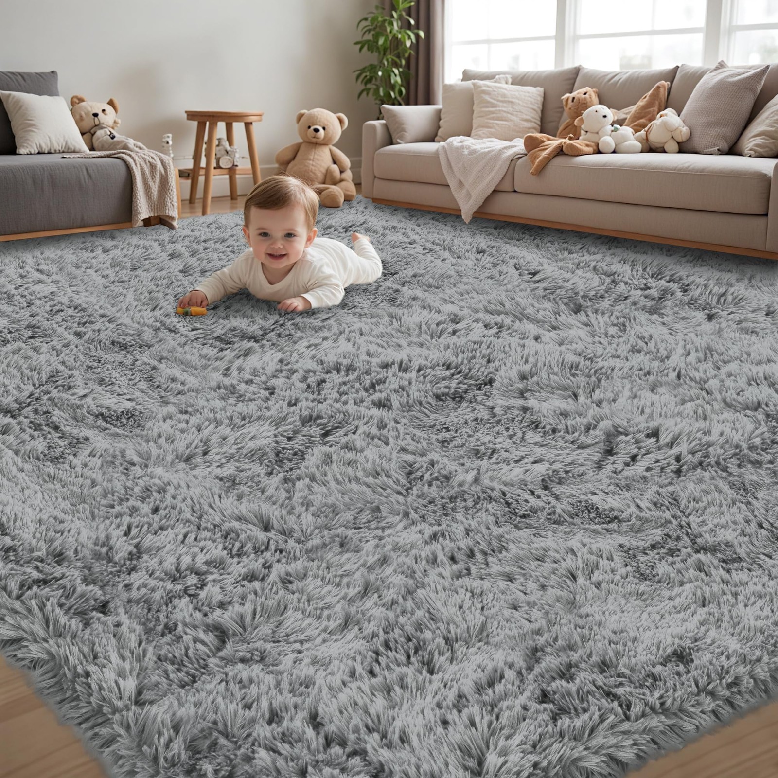 8×10 Area Rug Light Grey Ultra Soft Fluffy Plush Indoor Non Slip Carpet for Bedr