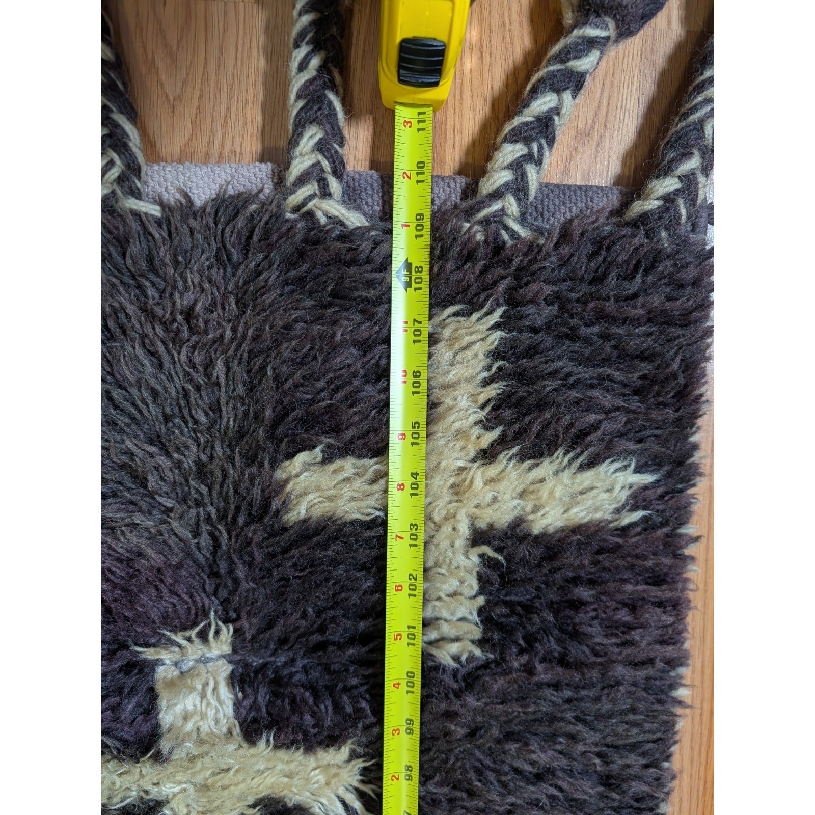 100% Wool Shag Runner Rug 31×110 Brown Cream Cross Boho Tassels