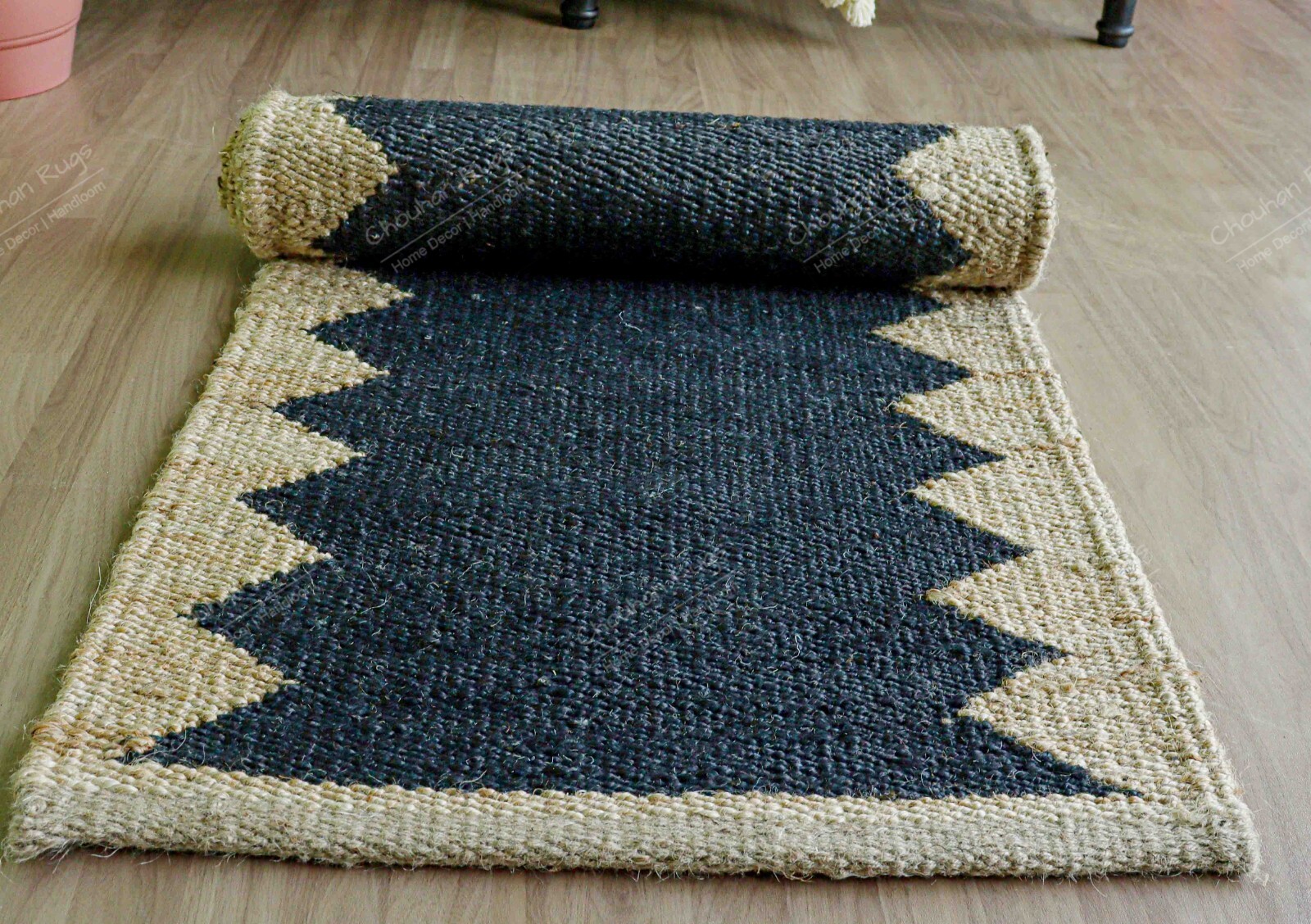 Indian Hemp Rectangle Jute Ru, Black With Beige Border Rug Vintage Rug Décor Rug