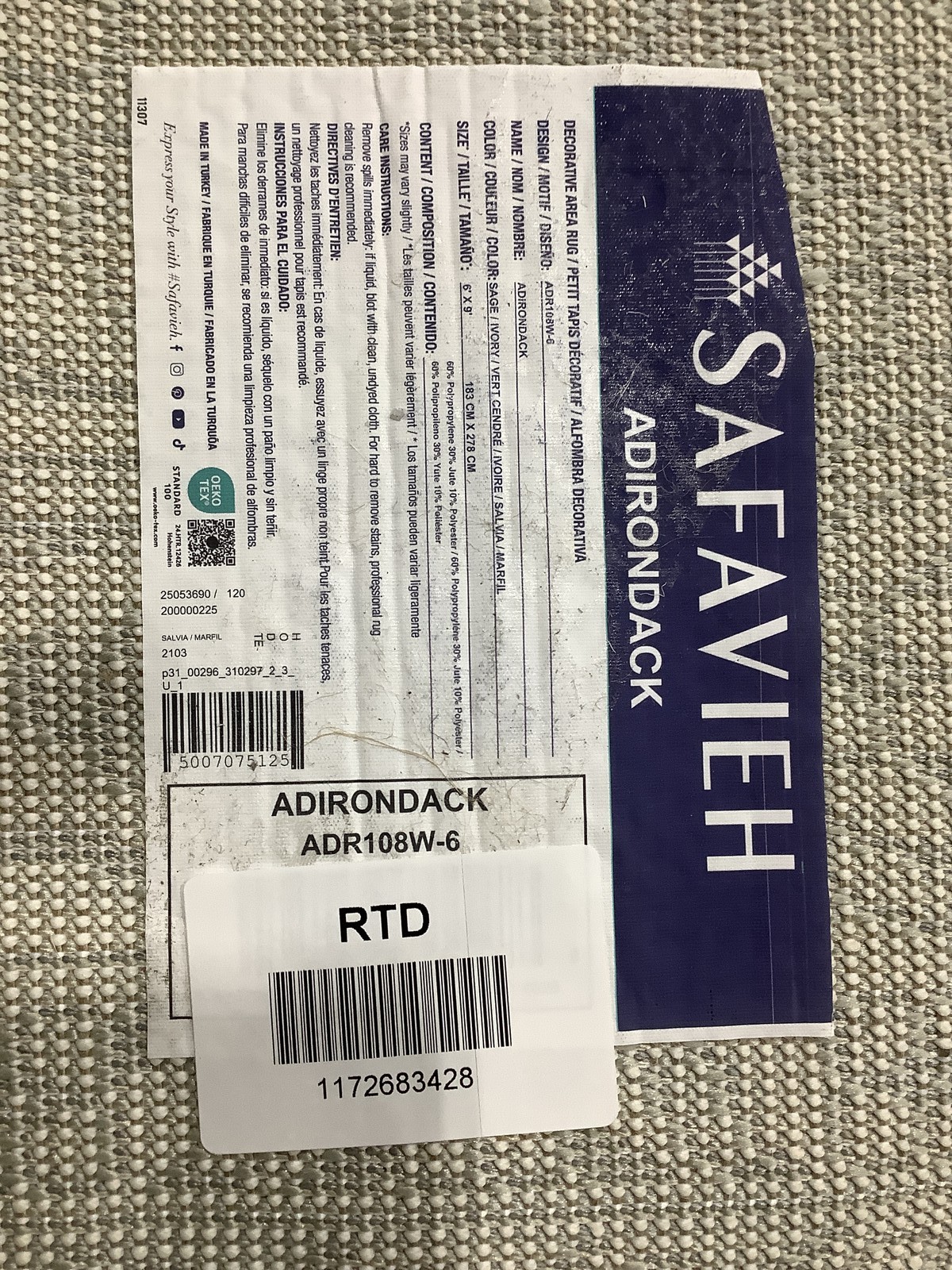 SAGE / IVORY 6′-0″ x 9′-0″ Back Stain Rug, Reduced Price 1172683428 ADR108W-6