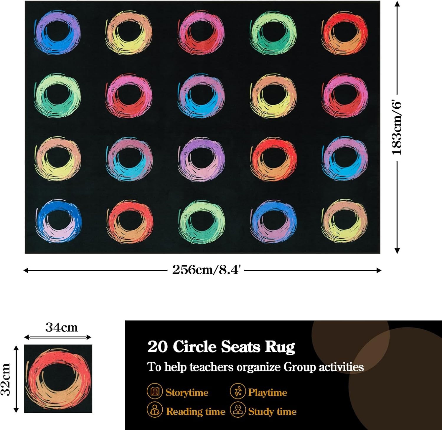 Educational Large Carpet Classroom Rug for Kids Room, 6×8.4 Abstract Black Area