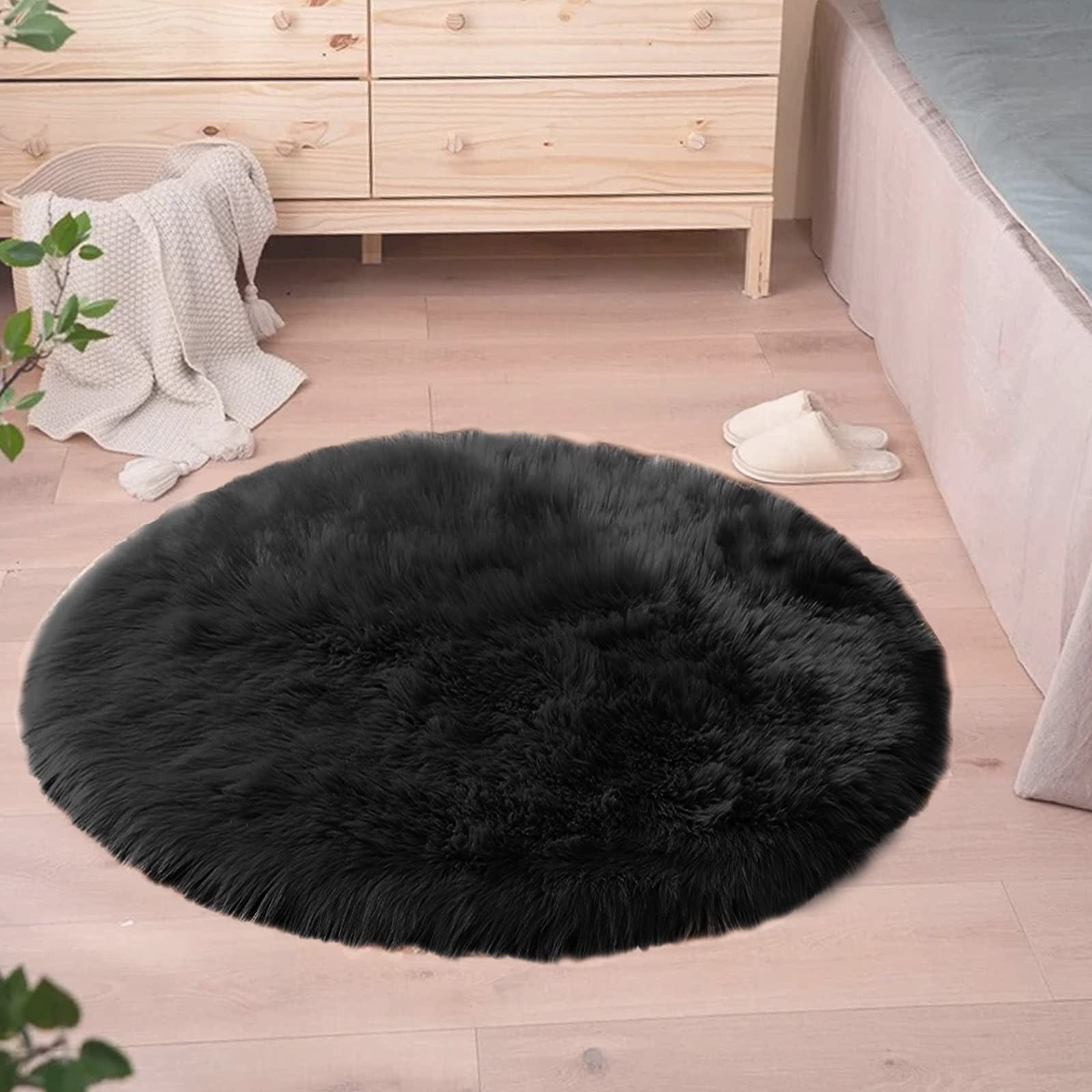 ROUND RUG for Kids Room Bedroom Fluffy Circle Faux Fur Black 4ft GOOLELA