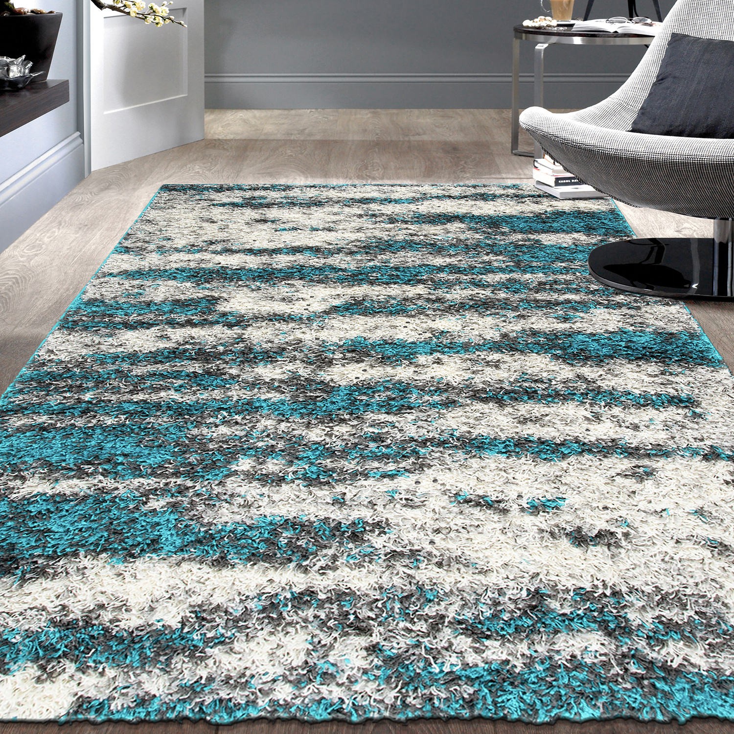 Rugshop Area Rug Modern Abstract Design Plush Shag Rugs Turquoise Rug 5×7 Carpet