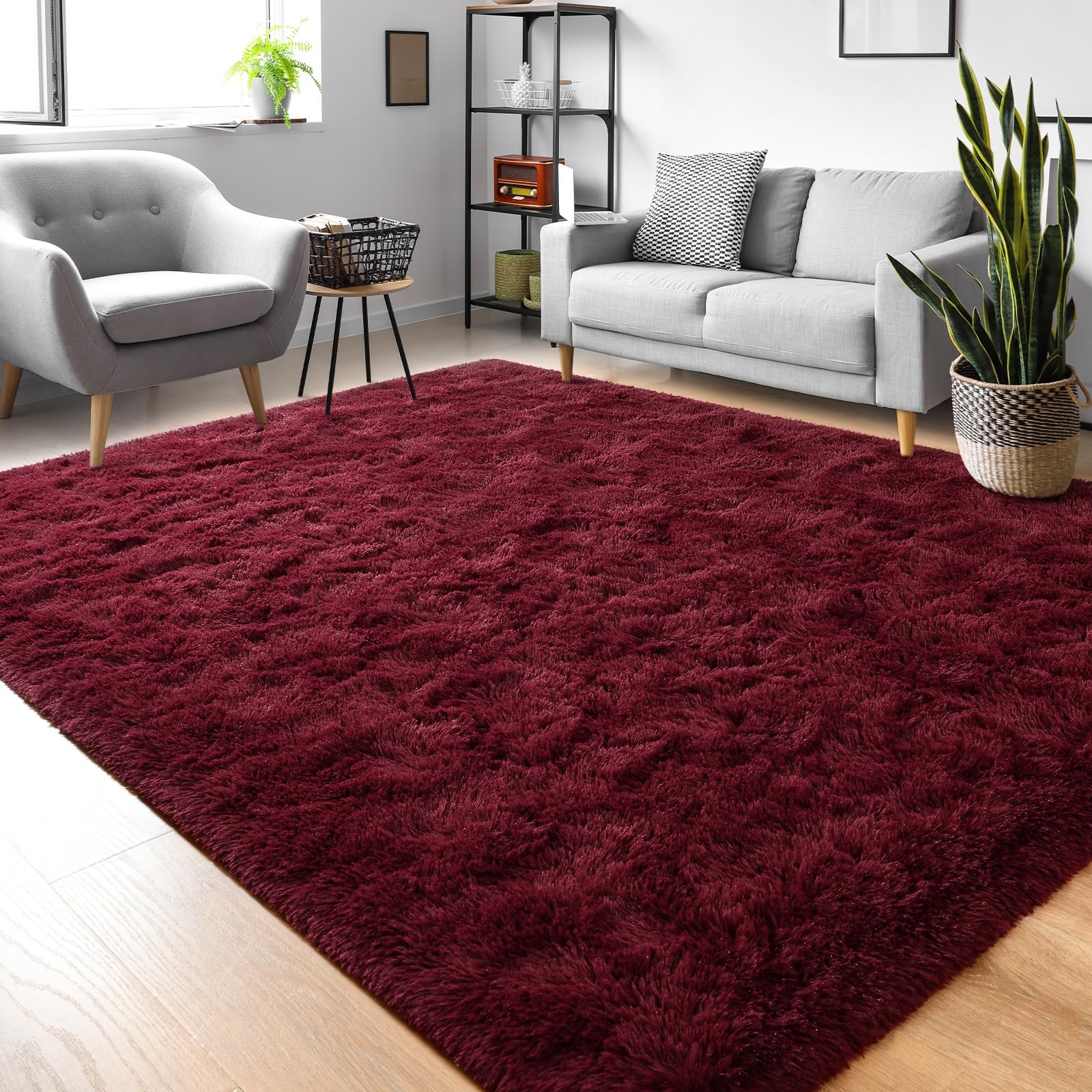 Fluffy Burgundy Red Rugs for Bedroom, 4×6 Feet Dark Red Area Rug for Living R
