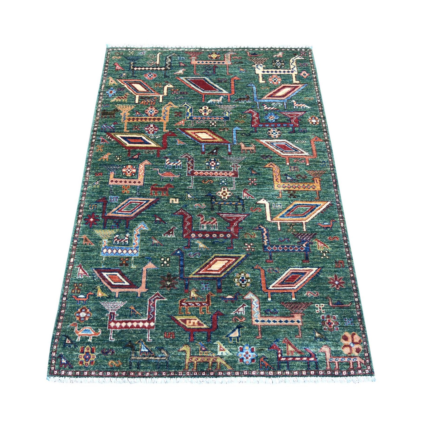 3’4″x5′ Green Hand Knotted Sultani Ancient Bird Figurines Pure Wool Rug 21725