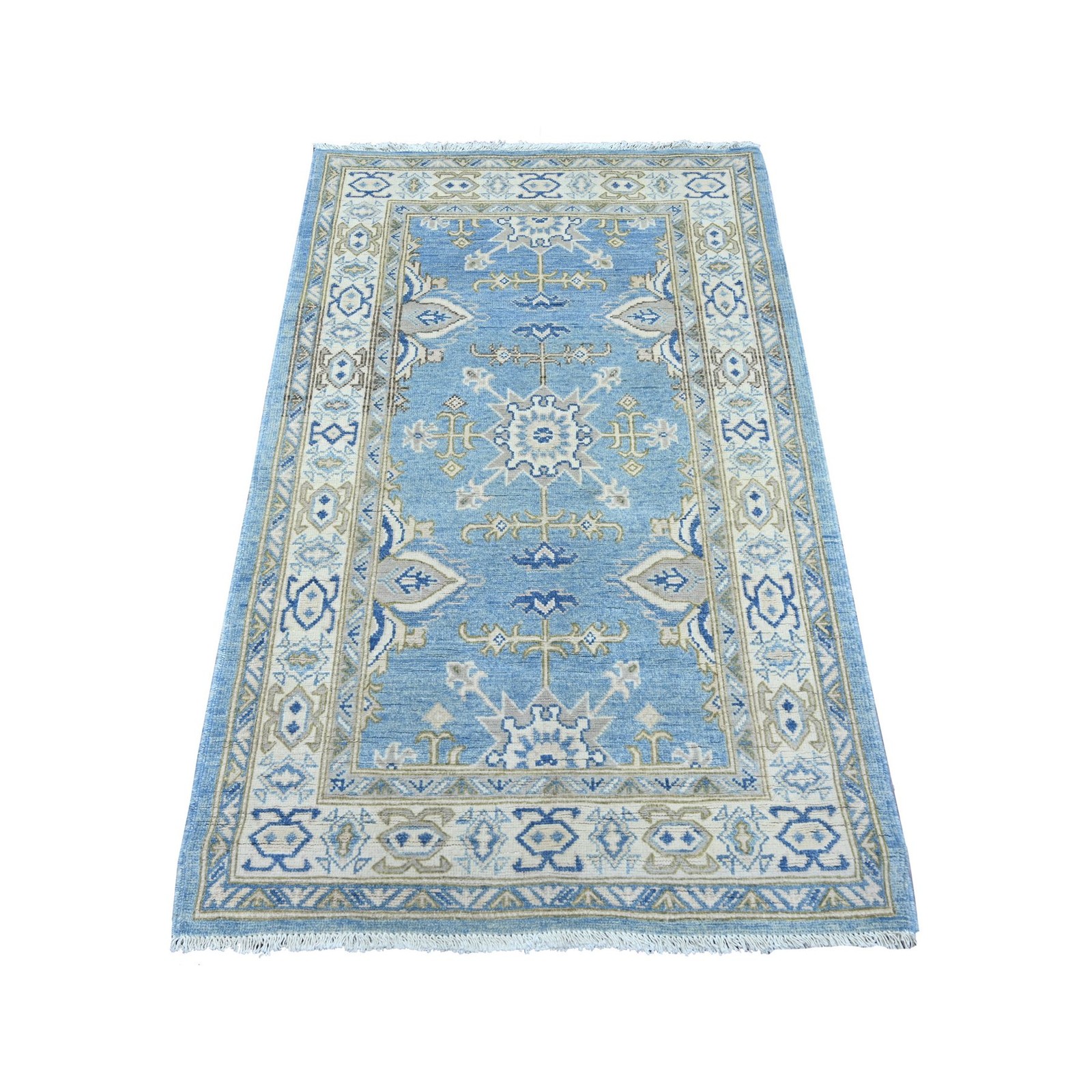 3’1″x5′ Blue Hand Knotted Vintage Look Kazak with Tribal Design Wool Rug 21810