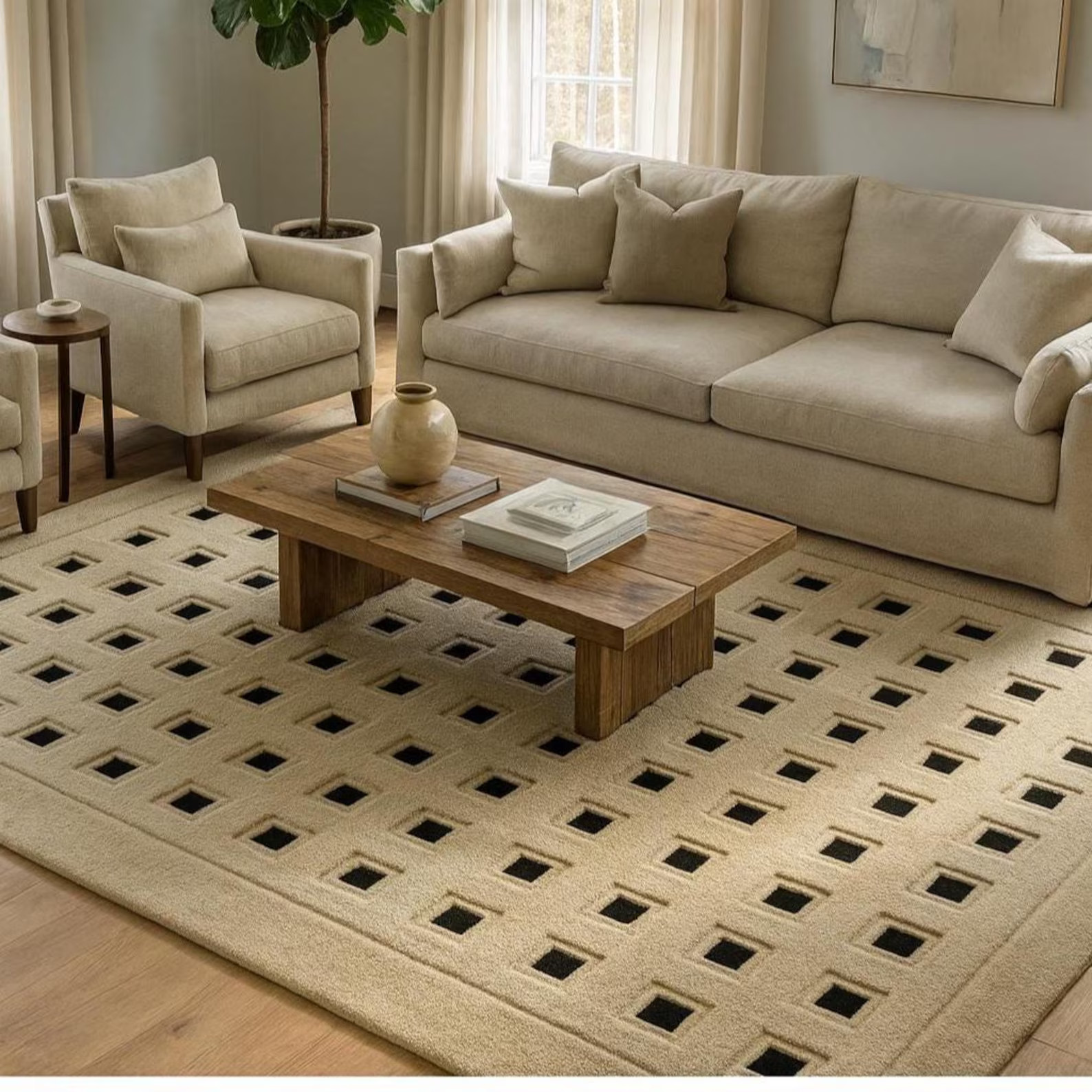 Hand-Tufted Wool Modern Geometric Square Pattern Rug, Beige & Black Area Rug.