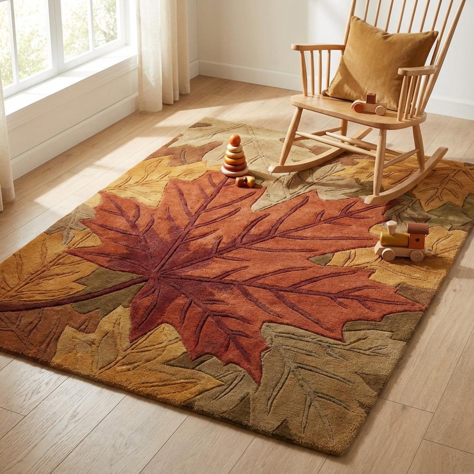 Handmade Rug | Autumn Maple Leaf, Wool Area Rug | Living Room Rug | Tufted A504